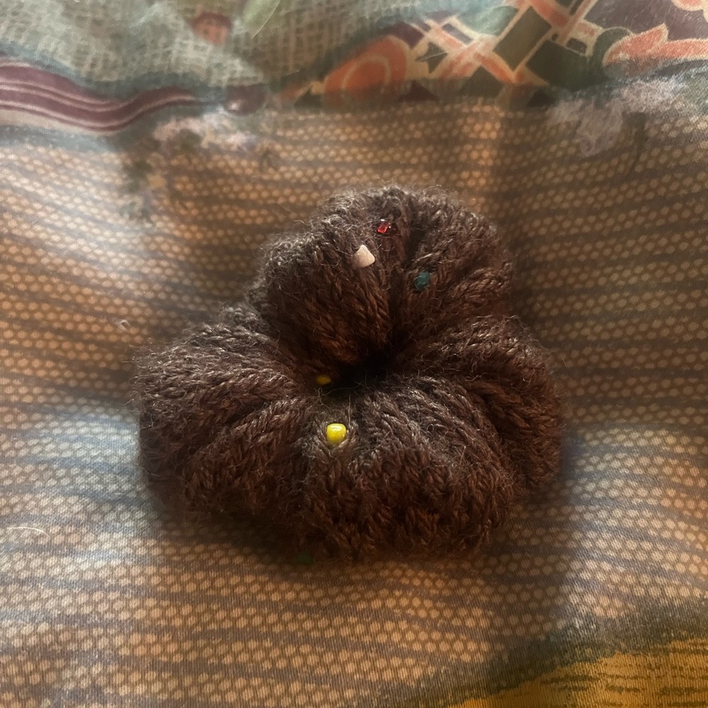 Brown Knit Hair Scrunchie with Colorful beads